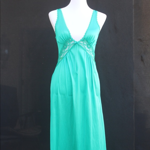Vintage Other - Vintage 70s Teal Green Long Poly Gown/Slip/Dress